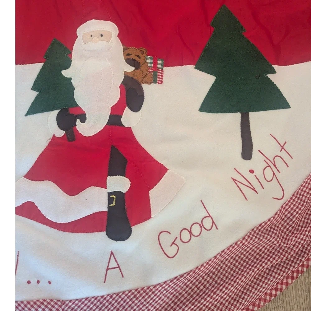 VTG Christmas Tree Skirt Felt Patchwork Applique Gingham Trim  Santa Claus 48'